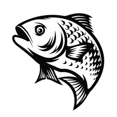 Fish Silhouette Icon, Curved Body, Detailed Fins, Scales Pattern, Black and White