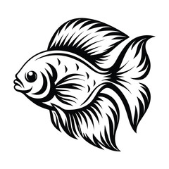 Ornamental Black Ink Fish Silhouette, Detailed Fins and Body, Aquatic Animal Art