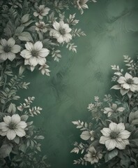 Desaturated green background with distressed floral motif, subtle grunge effects, subtle, motif, element
