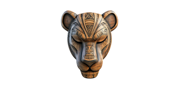 Intricately Carved Wooden Lion Mask. Symbol Of Strength And Cultural Artistry Isolated On Transparent Background