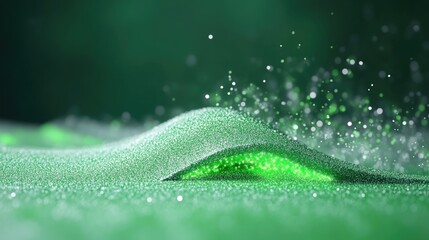 Abstract green landscape with shimmering particles.  Dynamic, textured surface, showing a subtle fold or wave,  with illuminating,  sparkling details