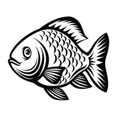 Simple Black and White Fish with Detailed Scales and Bold Outline Art