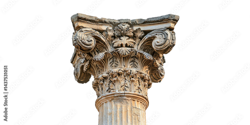 Poster corinthian column capital with ornate acanthus leaves. classical architecture and design element iso