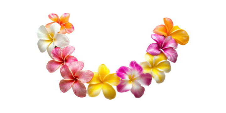 Colorful Plumeria Flowers Arranged In A Semi-Circle. Tropical Floral Design Isolated On Transparent Background