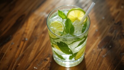 A refreshing summer cocktail featuring ice, lime slices, and vibrant mint leaves is presented in a tall glass