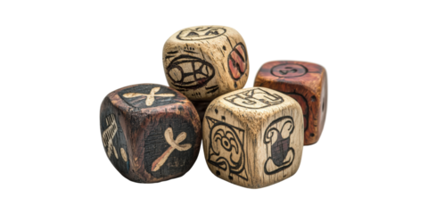 Handcrafted Wooden Dice With Unique Symbols. Artistic Gaming And Creativity Concept Isolated On Transparent Background