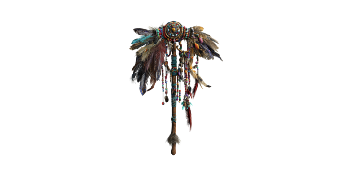 Colorful Feathered Tribal Staff With Beads And Ornaments. Symbol Of Cultural Heritage And Spirituality Isolated On Transparent Background