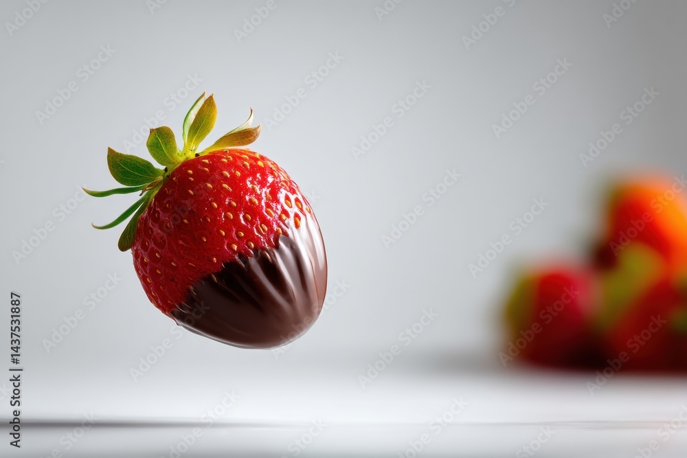Poster strawberry dipped in chocolate floating in mid-air with a blurred background of more strawberries