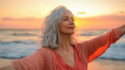 A serene older woman with gray hair enjoys a sunset at the beach, arms outstretched.