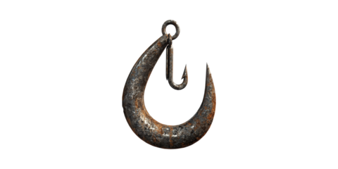 Rusty Fishing Hook. Symbol Of Fishing, Angling, And Outdoor Adventure Isolated On Transparent Background