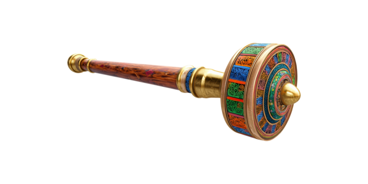 Colorful Tibetan Prayer Wheel With Intricate Designs. Spiritual And Cultural Symbolism Isolated On Transparent Background