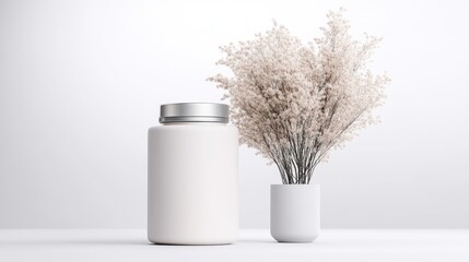 A white jar with metallic lid placed on a minimalist surface beside a vase with dried flowers, clean and simple composition, and studio shot.