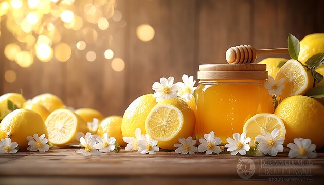 Honey, lemons, and daisies on rustic wood