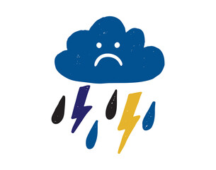 Sad blue cartoon doodle cloud lightning and raindrops. anxiety, anxiety and depression. Sadness mental health.