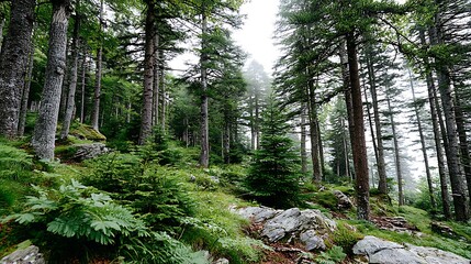 Fototapeta premium Lush Green Forest Landscape Tranquil Coniferous Woodland Misty Mountain Path