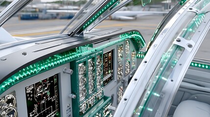 Modern Airplane Cockpit Interior with Green LED Lighting Advanced Aviation Technology Dashboard