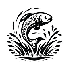 Tribal Stylized Carp Leaping from Water, Black Silhouette on White, Isolated Design