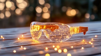 Glowing edges of safety goggles with golden light washing over wooden table