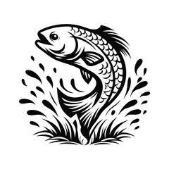 Leaping Fish Silhouette with Detailed Scales and Splash Monochrome Aquatic Design
