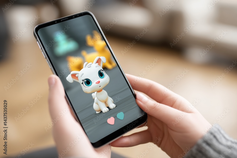 Aufkleber Virtual Pet App on Smartphone With Animated Creature Engaging in Playful Interaction in Living Room Setting During Afternoon