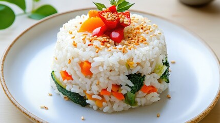 Healthy rice and vegetables dish with chili flakes and sesame garnish, warm lighting
