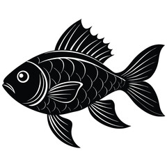 Detailed Fish Silhouette on White Background. Black Fish with Decorative Scales