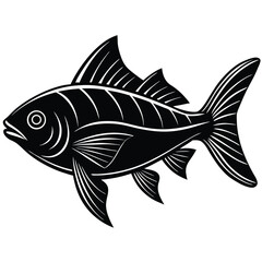 Fish Icon, Black and White Silhouette, Detailed Fins, Streamlined Body, Aquatic Animal