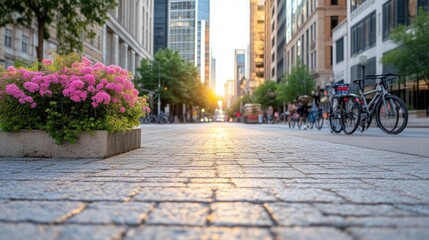 Urban city street at sunset with flower planters