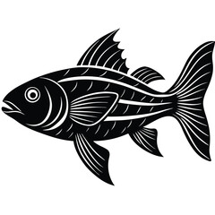 Stylized Silhouette of Fish, Isolated on White, Bold Design with Decorative Elements
