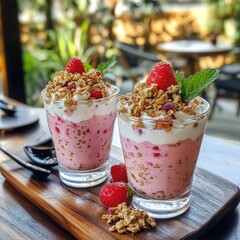 Delicious yogurt parfaits with strawberries and granola served on a wooden platter at a bright cafe during daylight