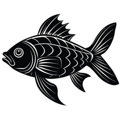 Stylized Black Silhouette of Swimming Fish with Detailed Fins & Scales
