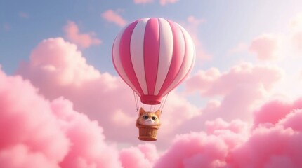 Fototapeta premium hot air balloon with cat on the pink clouds background