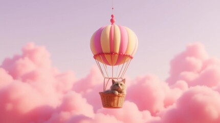 Fototapeta premium hot air balloon with cat on the pink clouds background