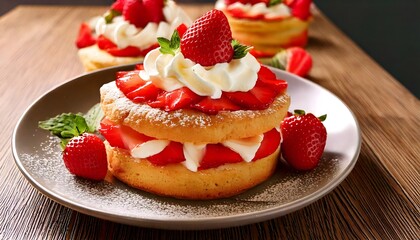 Homemade strawberry shortcake dessert with whipped cream and fresh berries