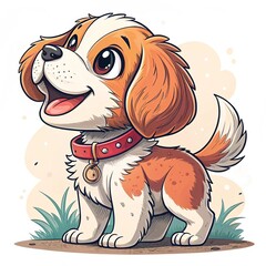 Chibi-style cartoon dog vector, oversized head, playful expression, clean outlines, vibrant color palette.