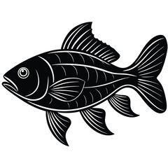 Elegant Black and White Fish Silhouette. Detailed Fins and Scales Aquatic Creature