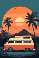 A cozy, flat illustration of a camper van parked near a scenic sunset view with mountains and palm trees.