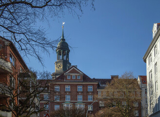 St Michaelis Church Tower Rising Above Historic Buildings in Hamburg Germany