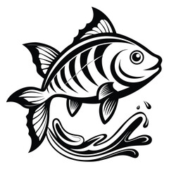 Stylish Monochrome Fish Illustration, Black and White, Detailed Fins, Splashing Water