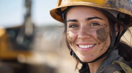 Smiling woman construction worker with dirt on face hard hat portrait