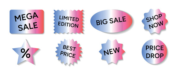 Gradient Vector Stickers Set with Texts Mega Sale, Limited Edition, Price Drop, Best Price, Big Sale, New, Shop Now. Colorful Star and Badge Shapes.