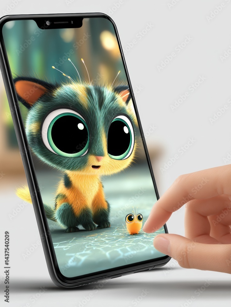 Aufkleber Smartphone Displays Virtual Pet App Featuring Animated Creature and User Interaction With Vibrant Graphics and Engaging Gameplay