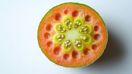 Close-up of a halved tomato, displaying seeds