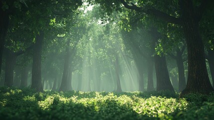 Fototapeta premium Sunlight streams into a vibrant green forest with thick trees and lush ground cover. Use this for projects needing nature, tranquility, or outdoor backgrounds.