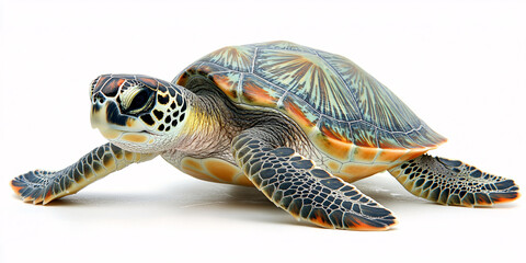 A vibrant green sea turtle, showcasing intricate shell patterns,