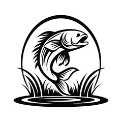 Black and White Fish Leaping from Water with Decorative Grass Elements