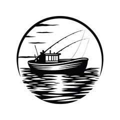 Silhouette Boat with Fishing Rods Inside Circle Over Water and Cloudy Sky