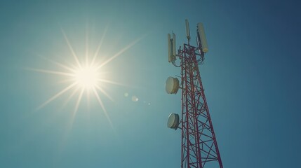 Red telecommunications tower against bright blue sky with sun flare. Illustrates communication, technology, or infrastructure with retro style.