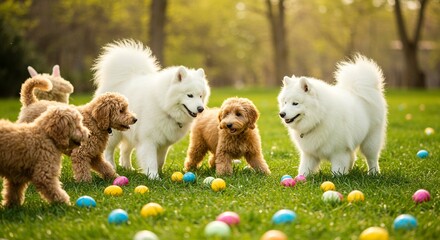 Adorable Dogs Playing Easter Egg Hunt in Sunny Park Fluffy Samoyeds and Goldendoodles