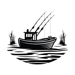 Black silhouette of boat with fishing rods in water and reeds